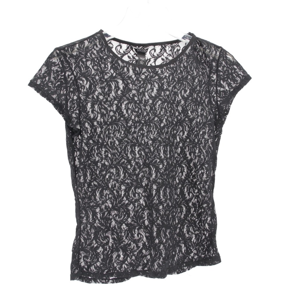 NY&CO Intimates Women's Black Floral Lace Sheer Short Sleeve Top Size L